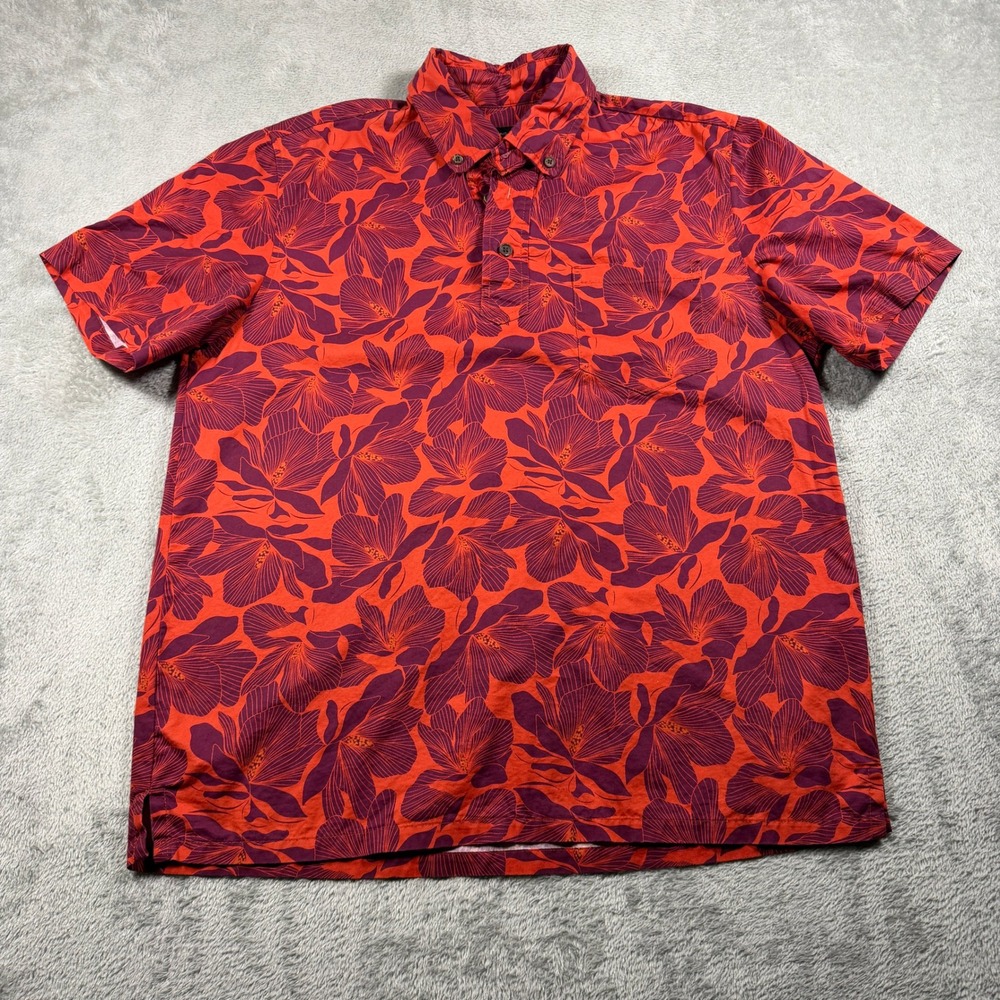Fighting Eel Hawaii Button Up Shirt Men Large Red Hibiscus Short Sleeve
